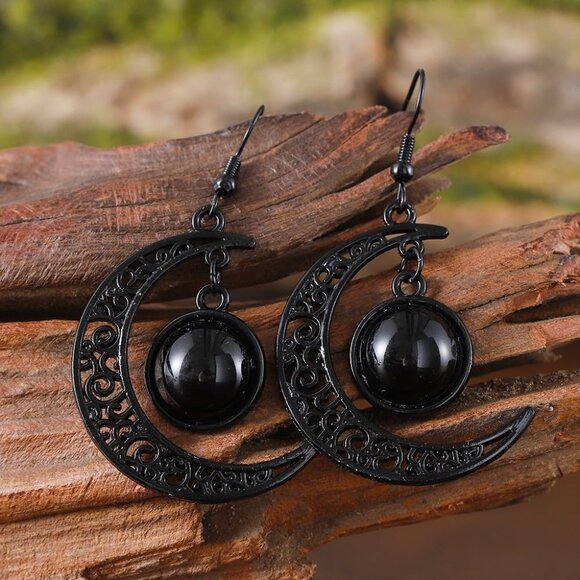 Gothic Moon Jewelry Set Black Velvet Necklace Earrings Costume Accessory - Picture 6 of 7
